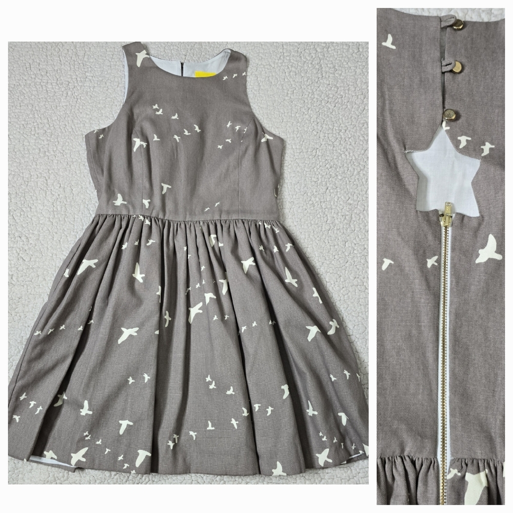 Vaute Couture Pleated Organic Cotton Dress Size M Bird Print